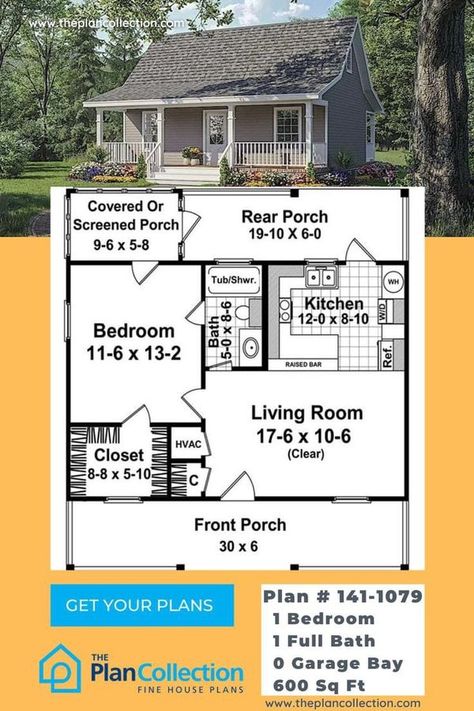 600 Square Foot House Plans, 1500 Sq Ft House, Country Floor Plans, Small Cabin Plans, Southern Style House Plans, Wraparound Porch, Southern Cottage, Southern House Plans, Cabin House Plans