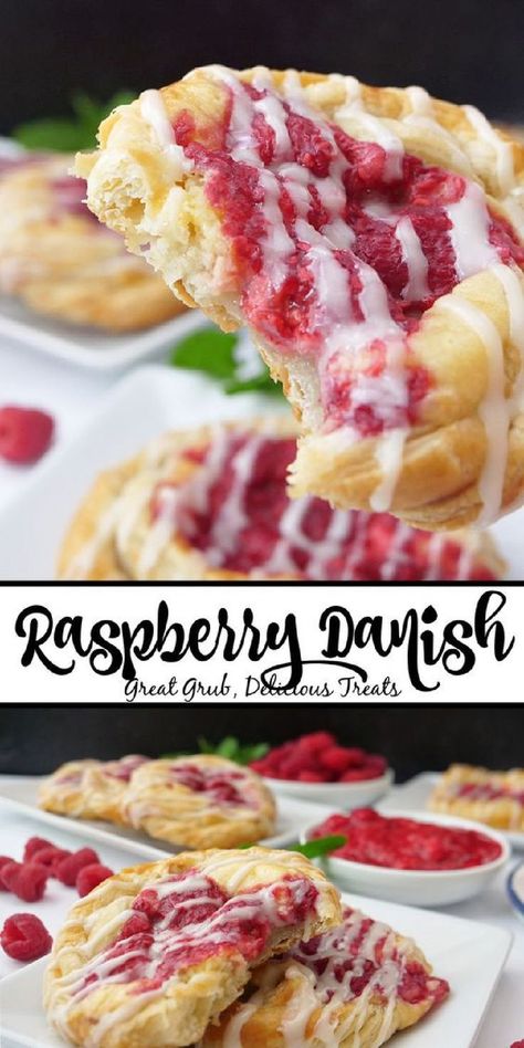 A double photo collage of raspberry danishes. Raspberry Desserts With Fresh Raspberries, What Can I Do With Raspberries, Raspberry Danish Puff Pastries, Raspberry Cheese Danish, Breakfast Danish Recipe, Raspberry Fritters, Raspberry Pastry Recipes, Raspberry Danish Recipe, Raspberry Ideas