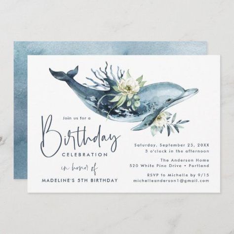 Dolphin Birthday Party, Dolphin Birthday Parties, Dolphin Birthday, Dolphin Party, Floral Birthday Party Invitations, Ocean Theme Birthday, Under The Sea Birthday Party, Floral Birthday Invitations, Floral Birthday Party