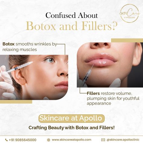 Difference between Botox & Fillers Static "Confused about Botox and Fillers? Botox smooths wrinkles by relaxing muscles fillers restore volume, plumping skin for a youthful appearance Skincare at Apollo Crafting Beauty with Botox and Fillers!" https://pin.it/6XDhpPzU8 "💉✨ Botox or Fillers: What’s your beauty secret? 🧏✨ Curious about the magic behind these skincare superheroes? Let’s decode! ✅ 💁Botox, a neurotoxin, relaxes facial muscles, smoothing wrinkles caused by repetitive movemen... Relaxing Muscles, Botox And Fillers, Face Fillers, Digital Advertising Design, Skin Facts, Fuller Lips, Kindergarten Design, Botox Fillers, Wrinkle Reduction