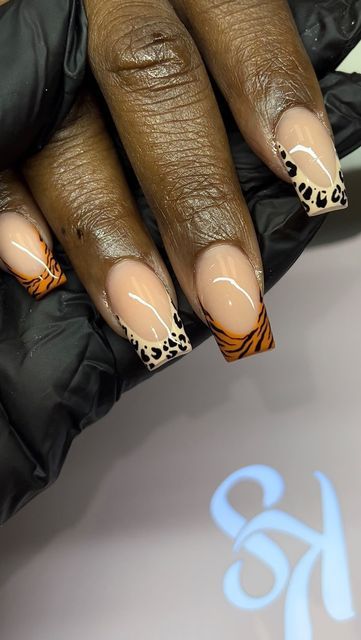 Square Fall Nails Short, Nail Prints Designs, Tiger Print French Tip Nails, Tiger French Nails, Fall Square Nails Short, Fall Nail French Tip Designs, Animal Print French Tip Nails, Safari Nails Designs, Tiger Nails Designs