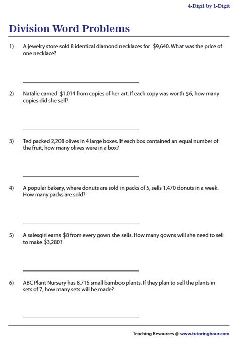 4-Digit by 1-Digit Division Word Problems Grade 4 Word Problems, Division Word Problems 3rd Grade, Division Questions, Simple Word Problems, Word Problems 3rd Grade, Multiplication Word Problems, Division Word Problems, 3rd Grade Math Worksheets, Multiplication Problems