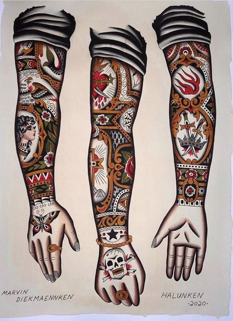 Vintage Sleeve Tattoo, Traditional Tattoo Arm Sleeve, Traditional Sleeve Tattoo Men, Female Traditional Tattoo, Traditional Man Tattoo, Traditional Tattoo Sleeve Mens, Traditional Tattoo Art Sleeve, Classic Tattoos For Men, Old School Back Tattoo