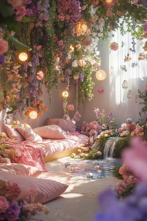 Enchanted Garden Room Decor, Fairy Den Room, Garden Home Aesthetic, Chill Home Aesthetic, Wildflower Room Theme, Fairy Home Interior, Fairytale Aesthetic Room, Dreamy Garden Aesthetic, May Vibes Aesthetic