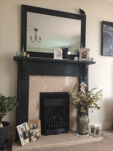 Chalk painted my fire surround and spray painted the fire from brass to black in a morning! Black Mantles Painted, Painted Wooden Fireplace Surround, Coal Fireplace Ideas, Black Fire Surround Ideas, Upcycled Fireplace Surround, Fire Surround Makeover, Black Fire Surround, Black Painted Mantle, Black Painted Fireplace Surround