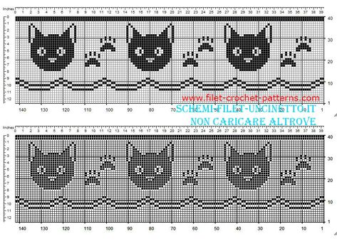 Free filet crochet border pattern with cat faces and fingerprints width 34 squares Filet Crochet Border, Crochet Edging Pattern, Crochet Border Patterns, Crochet Border, Cat Faces, Fillet Crochet, Pull Bebe, Halloween Crochet Patterns, Crochet Curtains