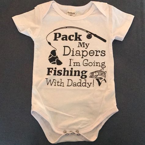 "Pack My Diapers I'm Going Fishing With Daddy" Baby Onesie. White And Black On Color. Size 18 Months. New And Never Worn. Still Have Plastic Packaging It Arrived In. Hunting Onesie, Funny Baby Onesies Boy, Sweatshirt Ideas, Funny Onesies, Funny Baby Onesies, Going Fishing, Woodland Baby, Plastic Packaging, Boy Clothes