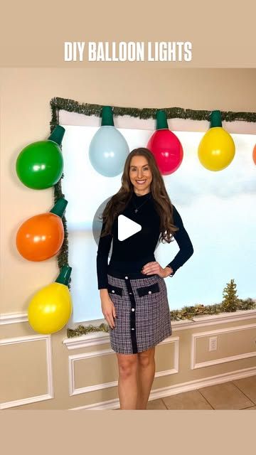 Kaitlyn Anderson on Instagram: "DIY BALLOON CHRISTMAS LIGHTS 🎄💡 These jumbo sized vintage light bulbs are so easy to make and inexpensive!

🔗Shop the video on my LTK & Amazon

SUPPLIES:
-Balloons 
-Green plastic cups
-Green garland 
-Hot glue gun
-Push pins

DIRECTIONS:
1. Blow up balloons.
2. Add hot glue to rim of green plastic cup and place over the end of the balloon where it’s tied off.
3. Hang up garland with push pins.
4. Hot glue cups on to garland.

#diychristmas #christmasdiy #christmaslights #christmas #christmasdecor #christmasdecorations #christmasideas #christmascrafts #christmasfun #christmasproject #easychristmascrafts" Balloon Christmas Lights Diy, Balloon And Solo Cup Christmas Lights, Balloon Christmas Lights, Amazon Supplies, Winter Wonderland Christmas Party, Balloon Christmas, Wonderland Christmas, Blowing Up Balloons, Balloon Garland Diy