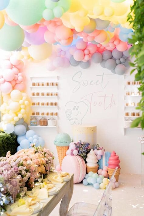 Sweet Tooth Dessert Wall from a Sweet Tooth Birthday Party on Kara's Party Ideas | KarasPartyIdeas.com Balloon Runner, Dessert Wall, Ice Cream Party Decorations, Floating Decorations, Dessert Spread, Birthday Party Set, Guest Table, Pastel Balloons, Ice Cream Birthday