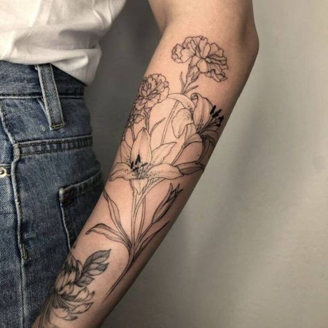 Botanical Tattoo Sleeve, Name Tattoos On Arm, Tulip Tattoo, Wildflower Tattoo, Full Arm Tattoos, Floral Tattoo Sleeve, Leg Tattoo Men, Botanical Tattoo, Time Tattoos