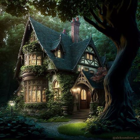 Magical House Design, English Cottage In The Woods, House Next To Forest, Magical House Aesthetic, Magic House Art, Fantasy Home Art, Fantasy Art House, Fantasy Cottage Art, Fantasy House Art