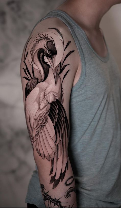 Geometric Crane Tattoo, Heron Tattoo Back, Heron Forearm Tattoo, Crane Bird Photography, Hawk Tattoo Sleeve, Crane Neck Tattoo, Blue Herring Tattoo, Kingfisher Tattoo Design, Neotrad Bird Tattoo