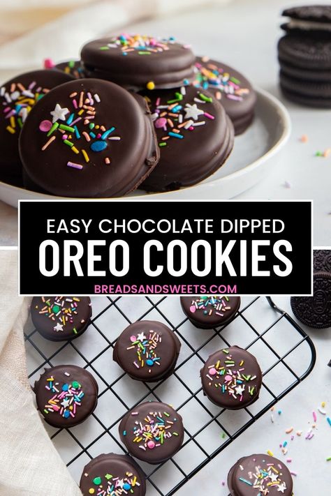 Chocolate dipped oreo cookies on a cooling rack and on a white plate.