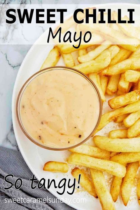 Sweet Chilli Mayo is a creamy sauce with serious tang! Using simple ingredients we stir together this next level yum mayo to dip, dollop, dunk or drizzle! #easyrecipe #saucerecipes @sweetcaramelsunday Curry Sauce Recipe Indian, Chilli Mayo, Fries Recipes, Homemade Bbq Sauce Recipe, Mayo Sauce, Homemade Sauce Recipes, Condiment Recipes, Easy Homemade Recipes, Sweet Chilli