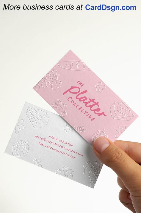 A playful, colourful business card designed by Morgan Paige Taitoko for The Platter Collective, a catering service based in Auckland, New Zealand. Find out more at CardDsgn.com #businesscards #branding #identity #graphicdesign #brandinspiration #branddesign #namecards #typography #wordmark #businesscard #businesscarddesign #patterns Colorful Business Card Design, Identity Card Design, Catering Business Cards, Business Card Gallery, Cafe Cards, Food Business Card, Cute Business Cards, Pink Business Card, Store Design Boutique