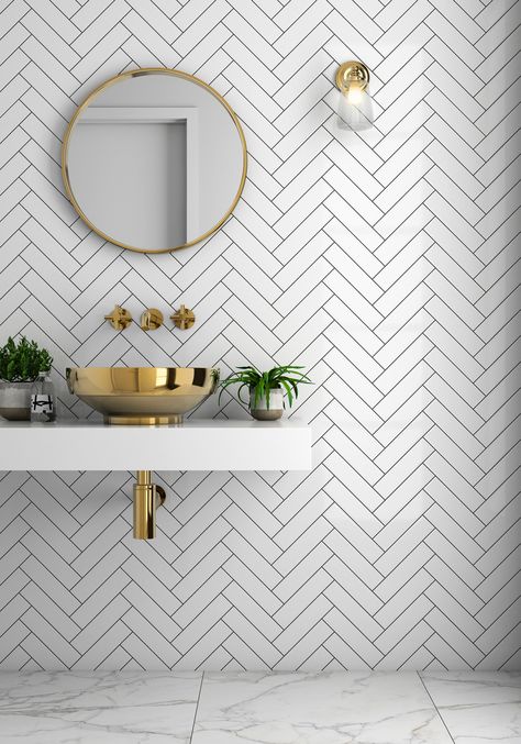 Bathroom Ceramics, Herringbone Tiles, Cheap Bathroom Remodel, Chevron Tile, Virginia House, Bathroom Design Trends, Brass Sink, Cheap Bathrooms, Herringbone Tile