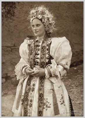 Slovakian woman from Liptovské Sliače in traditional wedding costume. Beautiful embroidery design. Sweden Costume, Serbian Wedding, European Costumes, Ethno Style, Folk Clothing, Wedding Costume, Wedding Costumes, Folk Dresses, Folk Fashion