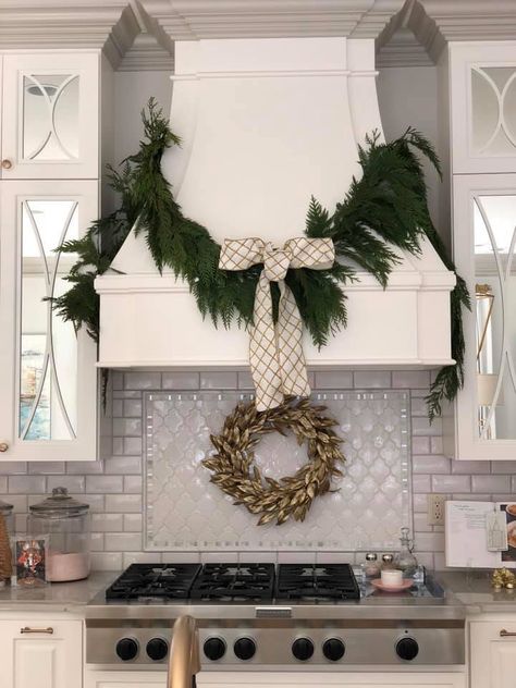 Wreath Above Sink, Wreath On Oven Hood, Oven Hood Christmas Decor, Wreath On Hood Vent, Garland In Kitchen, Oven Hood, Above Sink, Pre Lit Wreath, Classic Christmas Decorations