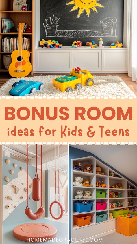 bonus room ideas for kids and teens Bonus Room Set Up Ideas, Playroom With Bed Ideas, Bedroom Playroom Combo Small Spaces, Toddler Study Room Ideas, Playroom Ideas For All Ages, Basement Family Room And Playroom Ideas, Transitional Playroom Ideas, Open Loft Playroom Ideas Upstairs, Playroom In Open Floor Plan