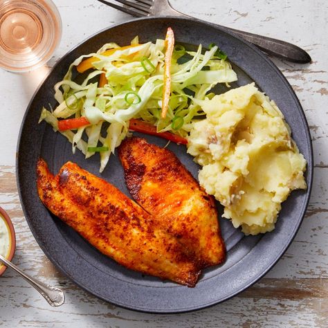 Sweet Pepper Slaw, Pepper Slaw, Pan Fried Tilapia, Buttermilk Mashed Potatoes, Bacon Mashed Potatoes, Spicy Carrots, Clean Meal Prep, Cilantro Sauce, Sweet Pepper