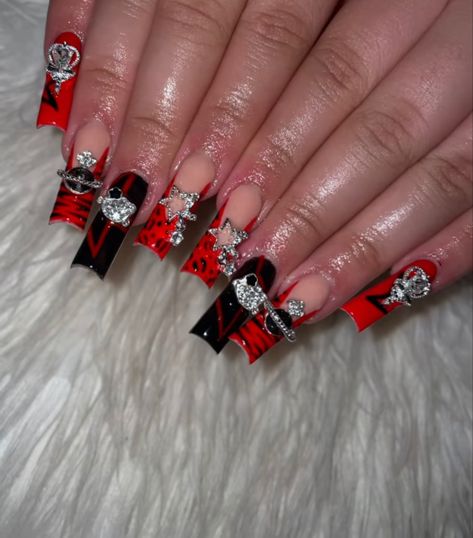 Long Nail Inspo Baddie Design, Red And Black Junk Nails, Red Freestyle Nails, Red Junk Nails, Red Nail Sets, Acrylic Nail Set, Punk Nails, Red Acrylic Nails, Long Acrylic Nail Designs