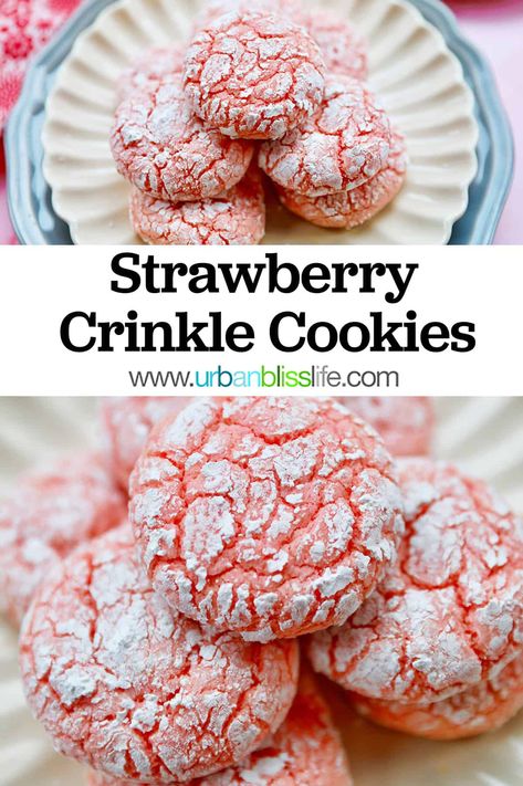 These colorful pastel pink Strawberry Crinkle Cookies are fast & easy to make with 4 ingredients! Perfect for Valentine's Day, Easter, picnics, and birthdays! Get the full recipe with baking tips at UrbanBlissLife.com #Cookies #StrawberryCookies #CrinkleCookies #Baking Strawberry Crinkle Cookies, Strawberry Cake Mix Cookies, Lemon Cake Mix Cookies, Cool Whip Cookies, Crackle Cookies, Fall Favorites Recipes, Crinkle Cookies Recipe, Tasty Cookies, Strawberry Cake Mix