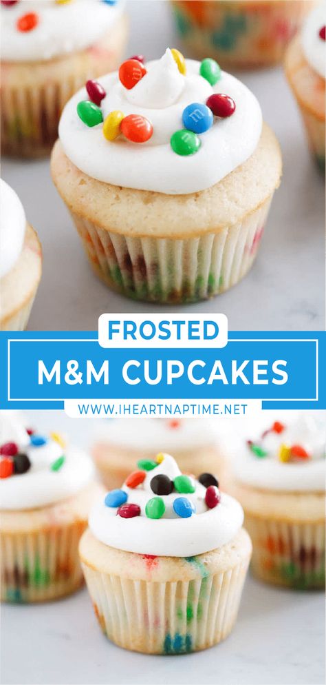 These bright and colorful M&M cupcakes are super soft and moist thanks to the cake flour, sour cream, and buttermilk. Topped with a homemade vanilla frosting or classic buttercream, these fun and festive cupcakes can be ready in just 30 minutes! M&m Cupcakes Recipes, M And M Cupcakes, Mnm Cupcakes, M&m Cupcakes Ideas, M&m Cupcakes, M&m Muffins, Mm Cupcakes, Flavor Cupcakes, M M Cupcakes