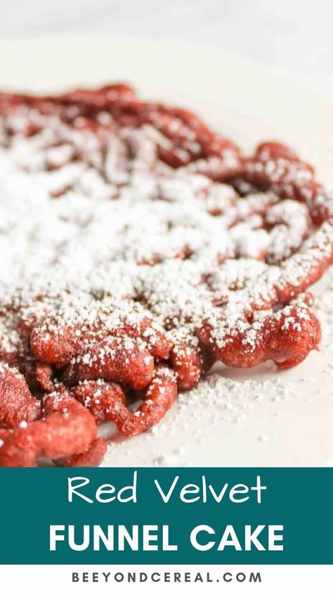 red velvet funnel cakes are a fun twist on a classic treat. Stay home and avoid fair crowds with this easy funnel cake recipe. Using pancake mix as the base, every bite is tangy, sweet, chocolatey and so delicious. Especially when served with a dusting of powdered sugar on top. Red Velvet Funnel Cake Recipe, Red Velvet Funnel Cake, Rv Snacks, Funnel Cake Batter, Funnel Cake Recipe Easy, Cake Batter Recipes, Easy Red Velvet, Fair Foods, Recipes Using Cake Mix