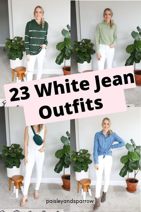 White jean outfit ideas for every season - winter, spring, summer, and fall! Ideas for how to wear white jeans or pants White Pantalon Outfit Winter, White Denim In Winter, Womens White Pants Outfits, White Jeans Dressy Outfits, Work Outfits Women White Pants, How To Dress White Pants, Outfits With White Pants Winter, How To Style White Jeans For Fall, White Jeans And Sneakers Outfit