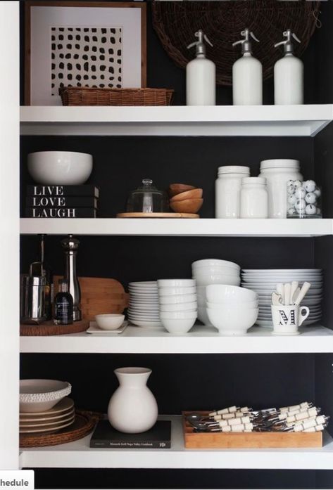 White pantry shelves contrast with black painted wall for a dramatic effect in a kitchen - design by Sherry Hart. Black Paint Colors, Painted Pantry, Black Painted Walls, Used Kitchen Cabinets, Open Pantry, White Pantry, White Modern Farmhouse, Black Paint Color, Paint It Black