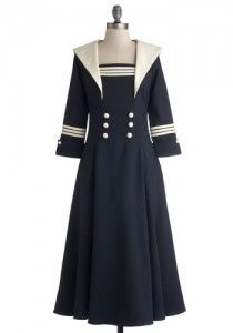 Own a dress similar to this one!  1940s sailor dress- Navy blue and white dress.  #1940s 1940s Fashion Dresses, Sea Dress, Robes Vintage, Seven Seas, Retro Vintage Dresses, Anime Clothes, Sailor Fashion, Sailor Dress, Sailor Collar