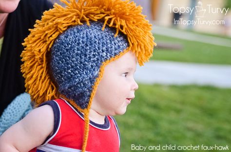 Crochet Mohawk Hat Pattern Free - Im Topsy Turvy Mohawk Crochet Hat, Crochet Mohawk, Earflap Beanie, Sweet Pictures, Hat Patterns Free, Crochet Knit Hat, Faux Hawk, Childrens Hats, Magic Ring