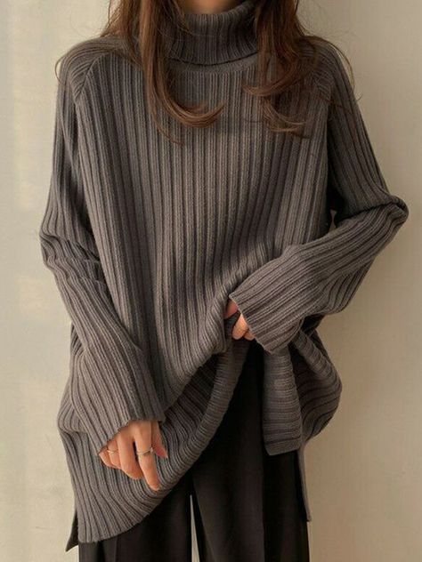 Casual Long Sleeves Loose Split-Side Solid Color High-Neck Sweater Tops GRAY-One_size #fashion #aesthetic #2023 Wind Coat, Winter Sweater Dresses, Winter Typ, Long Knit Sweater, Sweater Tops, Black Jumper, Ladies Turtleneck Sweaters, Knit Bottom, High Neck Sweater