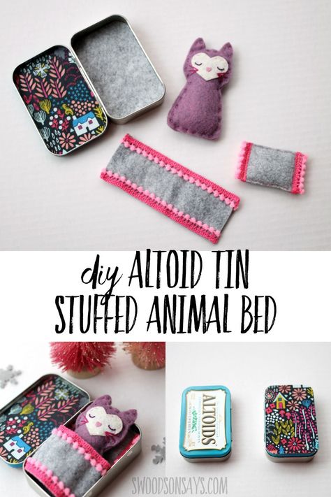 Upcycle an old altoids tin into a fun little sleeping spot for a felt toy! Download the free felt cat pattern as well and make a fun upcycled toy. Diy Altoid Tin, Felt Cat Pattern, Stuffed Animal Bed, Sewing Kits Diy, Animal Bed, Altoids Tin, Diy Star, Felt Toys Patterns, Altoid Tin