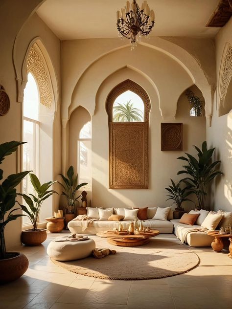 Middle Eastern House Decor, Living Room Pillar Design, Modern Rajasthani Architecture, Moroccan Houses Exterior, Moroccan Mediterranean Interior, Bedouin Interior Design, Riad Inspired House, Arabian Interior Design Moroccan Style, Sophia Paterson Interiors