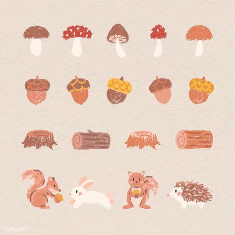 Autumn design elements vector set | premium image by rawpixel.com / manotang #vector #vectoart #digitalpainting #digitalartist #garphicdesign #sketch #digitaldrawing #doodle #illustrator #digitalillustration #modernart #autumn #squirrel #nuts Nuts Illustration, Acorn Illustration, Mushroom Doodle, Autumn Doodles, Squirrel Illustration, Scrapbook Flowers, Autumn Design, Cute Mushroom, Festival Background