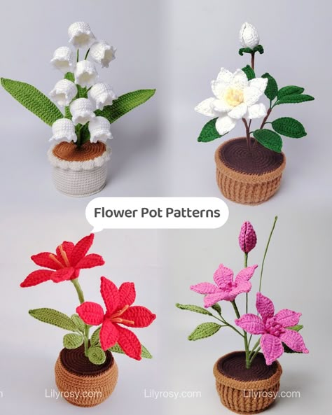 Flower pot patterns in my shop, with step by step video tutorial, free pot pattern in my YT channel #crochetflowerpot #crochetflower #freepatterns #crochettutorials #crochetpatterns #flowerpots Amigurumi Flower Pot Free Pattern, Crochet Potted Flowers, Crochet Flower Pots Free Pattern, Crochet Potted Plants Free Pattern, Crochet Flower Pot Pattern, Crochet Flower In Pot, Flower Pot Crochet, Plantas A Crochet, Crochet Flower Pot