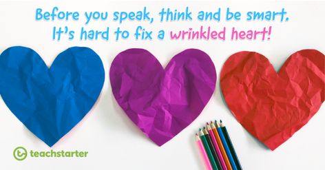 Wrinkled Heart Classroom Activity Wrinkled Heart Activity, Wrinkled Heart, Angle Activities, Icebreakers For Kids, First Week Activities, Wrinkled Paper, Fun Icebreakers, Kindness Activities, Behaviour Management