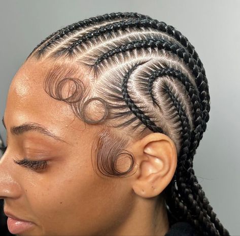 Cornrows With Patterns, Women’s Cornrows, Cornrow Patterns For Black Women, Conrow Braids Styles For Black Women, Curved Stitch Braids, 12 Cornrows Braids Straight Back, Patterned Cornrows, Female Cornrows, Cornwors Hairstyle Black Women