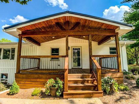 Front Porch Design Double Wide, Double Wide Updates, Gable Porch On Mobile Home, Full Front Porch Ideas, Open Gable Front Porch Mobile Home, Front Porch Ideas Trailer, Doublewide Siding Ideas, Mobile Home With Deck, Trailer Porch Ideas Decks