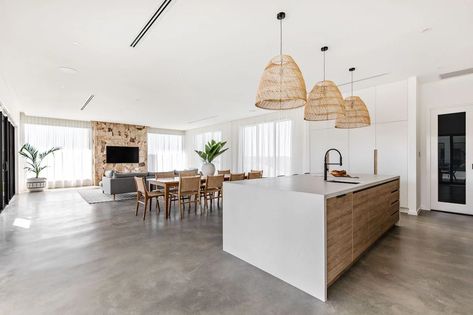 Concrete Kitchen Design, Rattan Pendant Lights, Caesarstone Quartz, Dorm Apartment, Orange Home, Orange Dream, Rattan Pendant, Apartment House, Kitchen Design Modern White