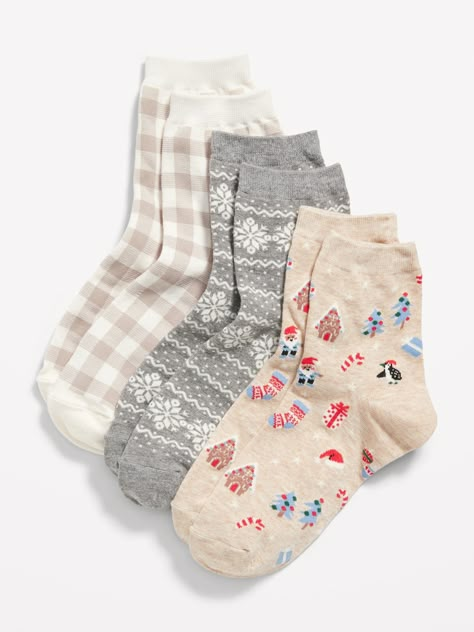 Pack includes 3 pairs of quarter crew socks, each in a different print.  Rib-knit openings.  Notched seams at toe and heel for added comfort.  Soft-knit fabric, with comfortable stretch. Machine wash cold, tumble dry low.  spandex 3% polyester 74% co Navy Socks, Socks Aesthetic, Silly Socks, Cosy Christmas, Sock Packs, Jean Accessories, Cute Socks, Birthday Wishlist, Simple Trendy Outfits