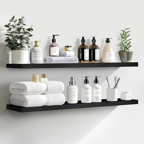 Wall Decor For Bathroom, Black Floating Shelves, Decor For Bathroom, Modern Organization, Spa Decor, Living Room Shelves, Room Shelves, Spa Room, Decorating Shelves