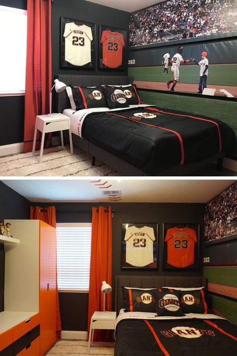 Sports Theme | Sf Giant | Cool Bedroom Ideas For Boys Boys Baseball Bedroom, Baseball Themed Bedroom, Idea Bilik Tidur, Sports Themed Bedroom, Sports Room Boys, Reka Bentuk Bilik Tidur, Boy Sports Bedroom, Baseball Bedroom, Sport Bedroom