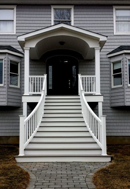 Painted Porch Steps, Tall Front Porch Steps, Wooden Porch Steps Front Entrances, Curved Front Porch Steps, Half Circle Front Steps, Front Deck Stairs Porch Steps, Wide Front Porch Steps Wood, Exterior Stairs To Front Door, Outdoor Stairs To House Entrance