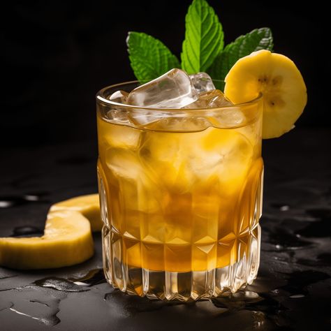 The Banana Old Fashioned offers a rich, velvety texture with a sweet, caramel-like banana flavor that balances the spicy, oak notes of the whiskey. It's a strong cocktail with a lingering, mellow fruit finish. Banana Whiskey Recipes, Banana Cocktail Recipes, Banana Cocktail, Banana Rum, Banana Whiskey Cocktail, Banana Old Fashioned Cocktail, Drink With Banana Liquor, Cocktails With Banana Liquor, Banana Liqueur Drinks