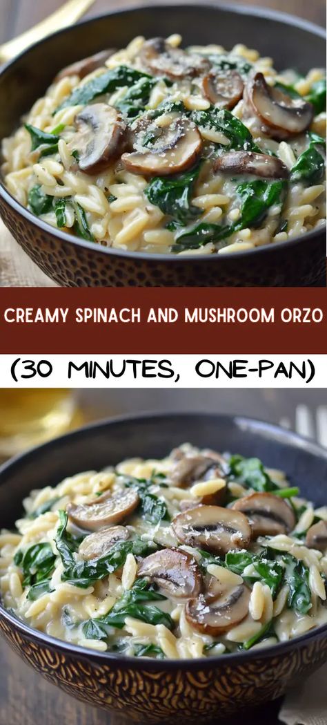 Creamy Spinach and Mushroom Orzo: A One-Pan Comfort Dish in Just 30 Minutes Orzo With Spinach And Mushrooms, Spinach Mushroom Orzo, Mushroom Spinach Orzo, Spinach And Mushroom Recipes, Mushroom Orzo, Orzo Spinach, Spinach Pasta Recipes, Creamy Orzo, Spinach And Mushroom