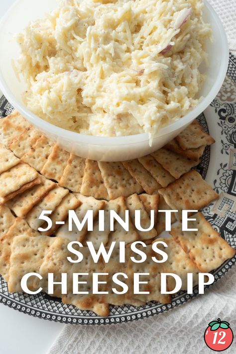 5-Minute Swiss Cheese Dip | 12 Tomatoes Swiss Cheese Dip With Mayo, Swiss Cheese Appetizers, Recipes Using Swiss Cheese, Swiss Cheese Ball Recipe, Swiss Dip, Swiss Cheese Dip, Swiss Cheese Recipes, Pesto Hummus, Dips Recipes