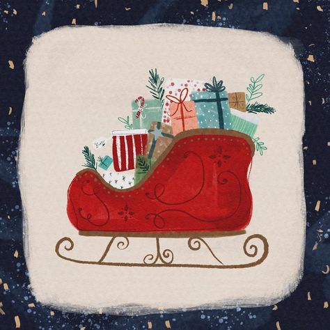 Santa In Sleigh Illustration, Santa Sleigh Painting, Christmas Sleigh Drawing, Santa’s Sleigh, Santa Claus Drawing Illustration, Santa Sleigh Illustration, Sleigh Drawing, Cute Christmas Drawing Ideas, Sleigh Illustration