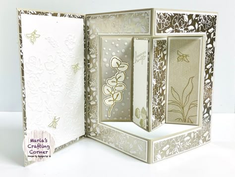 Learn a new version of a Tri-shutter card Shutter Cards Ideas, Folded Cards Ideas Templates, Unique Card Folds, Unique Card Ideas, Trifold Shutter Cards, Trifold Cards, Shutter Card, Cricut Templates, Crafting Corner